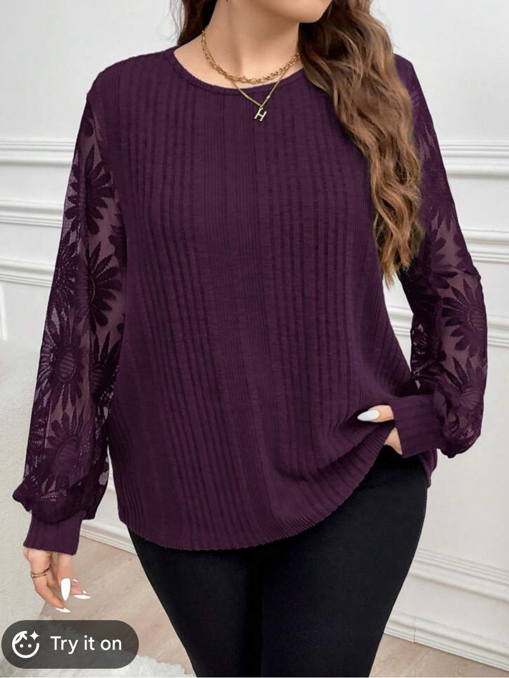 SHEIN Plum Ribbed Front Top with Floral Lace Sleeves